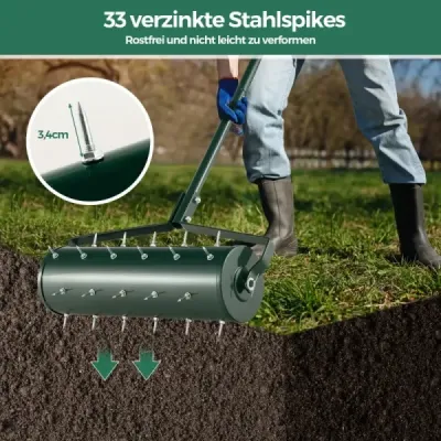 Provzdušňovač trávníku válec manuální 53 x 130 cm válec na trávník s rukojetí a hřebíky zelené barvy