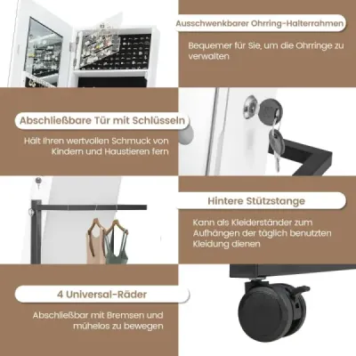 Skříňka na šperky s kolečky Zrcadlová skříňka 4 v 1 s 3-barevným LED osvětlením a nastavitelnou výškou Bílá