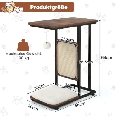 Stolek se sisalovou škrábací deskou 4 v 1 nábytek pro kočky Škrábadlo pro kočky s odnímatelným polštářem a míčkem 50 x 30 x 64 cm Rustikální hnědá