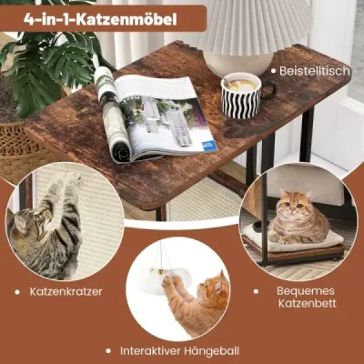 Stolek se sisalovou škrábací deskou 4 v 1 nábytek pro kočky Škrábadlo pro kočky s odnímatelným polštářem a míčkem 50 x 30 x 64 cm Rustikální hnědá