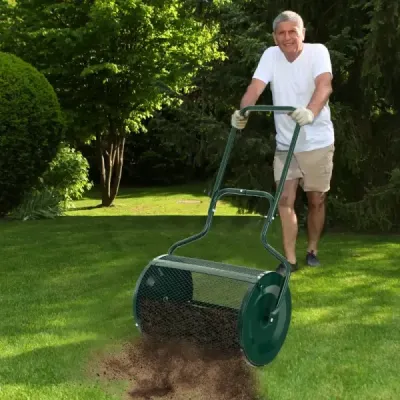 68 cm široký rozmetač kompostu s vylepšenými bočními tyčemi a rukojetí ve tvaru U zelený