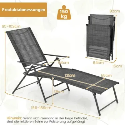 Sada 2 lehátek skládací zahradní lehátko s nastavitelným opěradlem šedé 155-189 x 64 x 65-102 cm