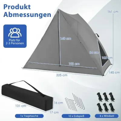 Pop Up stan pro 2-3 osoby 360° jednostranný průhledný rodinný stan 225 x 145 x 161 cm Šedá