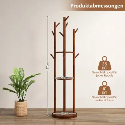 Otočný věšák na kabáty Dřevěný věšák se 3 policemi a 9 háčky na kabáty 42 x 167 cm ořech