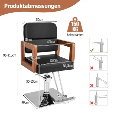 Hydraulické kadeřnické křeslo Salonní křeslo pro kadeřníky s 360-stupňovým otáčením 87 x 60 x 95-110 cm černé