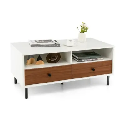 Konferenční stolek se 2 zásuvkami a 2 policemi Obdélníkový stolek do obývacího pokoje s úložným prostorem 95 x 48 x 45 cm