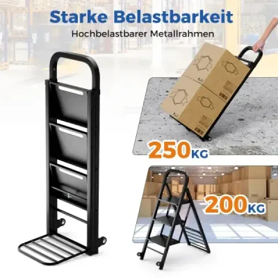 2 v 1 Pytel Truck & Stepladder Skládací 2 kolečka Hand Truck Kovový transportní vozík černý