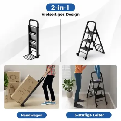 2 v 1 Pytel Truck & Stepladder Skládací 2 kolečka Hand Truck Kovový transportní vozík černý