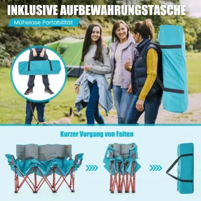 Kempingová židle pro 3 osoby s čalouněným sedadlem a držákem na sklenici a nosností 450 kg Modrá