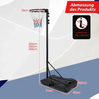 Basketbalový koš venkovní přenosný basketbalový stojan 260-305cm výškově nastavitelný černý
