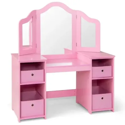 2 v 1 dětský toaletní stolek s odnímatelným zrcadlem a úložnými boxy make-up komoda bílá
