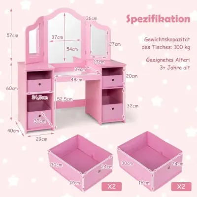 2 v 1 dětský toaletní stolek s odnímatelným zrcadlem a úložnými boxy make-up komoda bílá