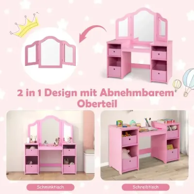 2 v 1 dětský toaletní stolek s odnímatelným zrcadlem a úložnými boxy make-up komoda bílá