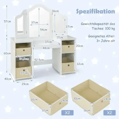 2 v 1 dětský toaletní stolek s odnímatelným zrcadlem a úložnými boxy make-up komoda bílá