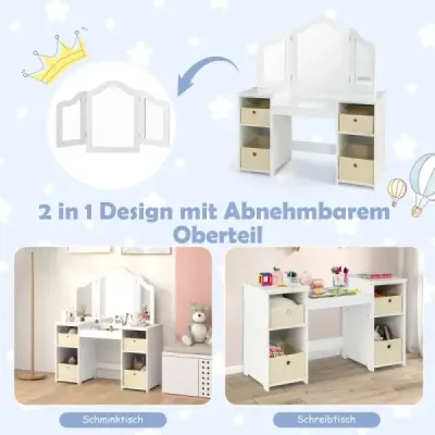 2 v 1 dětský toaletní stolek s odnímatelným zrcadlem a úložnými boxy make-up komoda bílá