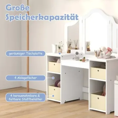 2 v 1 dětský toaletní stolek s odnímatelným zrcadlem a úložnými boxy make-up komoda bílá