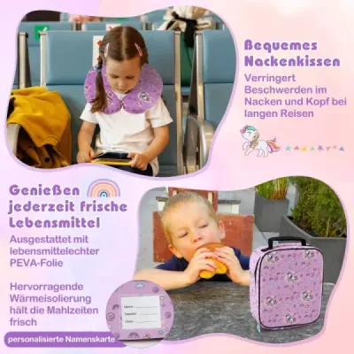 5-dílná dětská zavazadlová souprava 16-palcový kufr na kolečkách s batohem a polštářem na krk a přívěskem na zavazadla a obědárem - světle růžová
