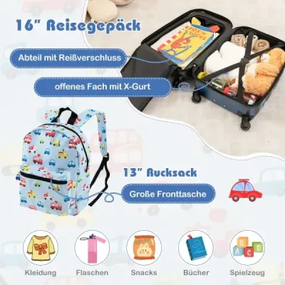 5-dílná dětská zavazadlová  kufr na kolečkách s batohem a polštářem na krk a přívěskem na zavazadla a obědárem - světle růžová