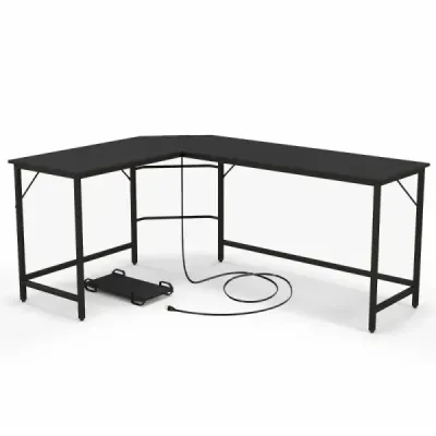 Počítačový stůl ve tvaru L s elektrickou zásuvkou a stojanem na procesor a robustním kovovým rámem Rohový stůl černý