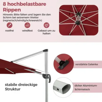 ?330 cm slunečník s klikou & UPF 50+ & 360° otočný konzolový slunečník zahradní slunečník červený