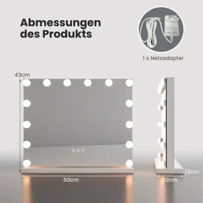 Hollywoodské zrcadlo s osvětlením Stolní zrcadlo se 14 stmívatelnými LED světly a 3 barvami světla 50 x 12 x 43 cm