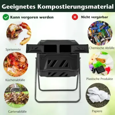 160L bubnový kompostér Zahradní dvoukomorový kompostér otočný o 360° 70 x 63 x 93 cm černý