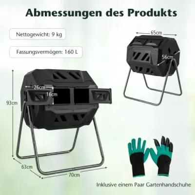160L bubnový kompostér Zahradní dvoukomorový kompostér otočný o 360° 70 x 63 x 93 cm černý
