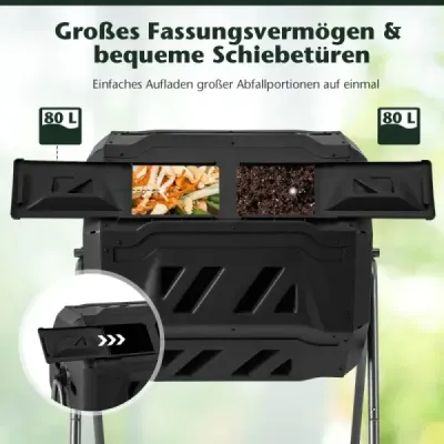 160L bubnový kompostér Zahradní dvoukomorový kompostér otočný o 360° 70 x 63 x 93 cm černý
