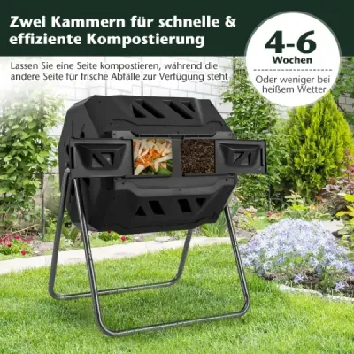 160L bubnový kompostér Zahradní dvoukomorový kompostér otočný o 360° 70 x 63 x 93 cm černý