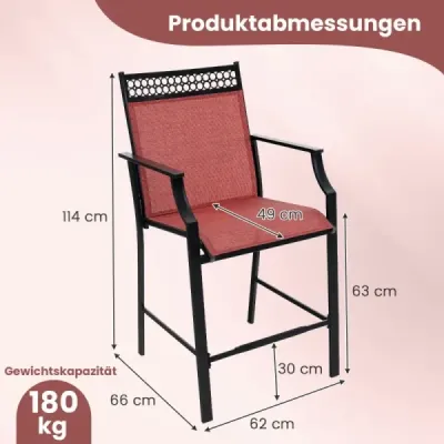Sada 2 zahradních židlí s rychleschnoucí tkaninou Vysoké židle na terasu Balkónové židle - červené