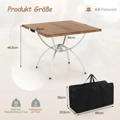 Sada 2 skládacích kempinkových stolů s dřevěnou deskou a hliníkovým rámem