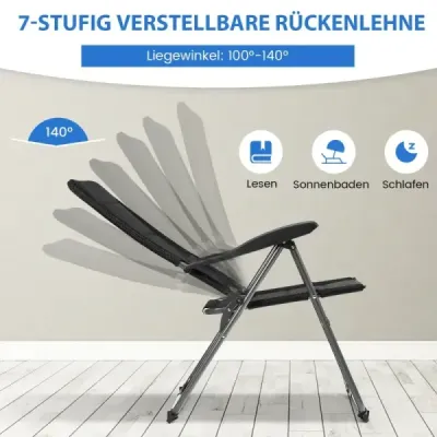 Sada 2 skládacích zahradních židlí se 7-polohovým nastavitelným opěradlem 76 x 60 x 103,5 cm černá