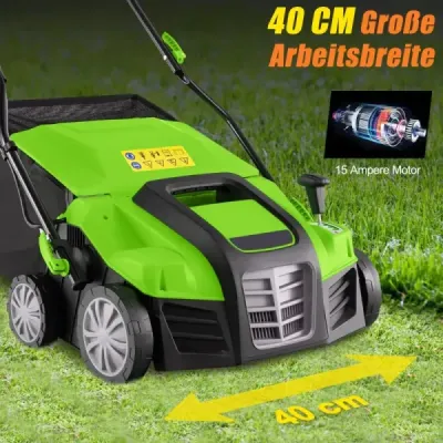 41 cm Elektrický vertikutátor a provzdušňovač trávníku 15A 2 v 1 s 3-polohovým nastavením výšky zelený