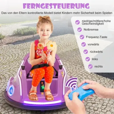 12V dětské odrážedlo s 360-stupňovou rotací, hudbou a světly a dálkovým ovládáním fialové