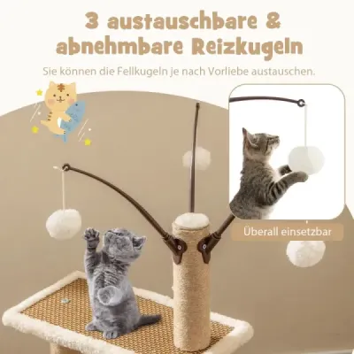 Ratanové škrábadlo s plošinou a 3 míčky na hraní a škrábadlem a postelí Strom pro kočky Škrábadlo pro kočky