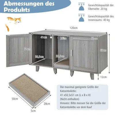 Skříňka pro kočky na odpadkový koš se 2 dvířky a škrábací deskou a vchodem 120 x 52 x 65 cm Šedá
