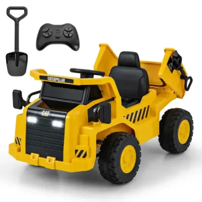 Dětské elektrické auto Caterpillar od 12 V sklopný sklápěč s lopatou na písek, vyklápěcím lůžkem a megafonem