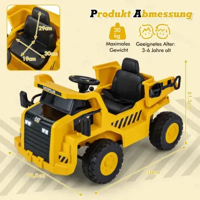Dětské elektrické auto Caterpillar od 12 V sklopný sklápěč s lopatou na písek, vyklápěcím lůžkem a megafonem