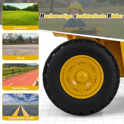 Dětské elektrické auto Caterpillar od 12 V sklopný sklápěč s lopatou na písek, vyklápěcím lůžkem a megafonem
