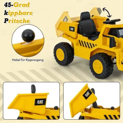 Dětské elektrické auto Caterpillar od 12 V sklopný sklápěč s lopatou na písek, vyklápěcím lůžkem a megafonem
