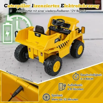 Dětské elektrické auto Caterpillar od 12 V sklopný sklápěč s lopatou na písek, vyklápěcím lůžkem a megafonem