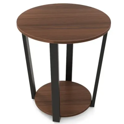 Kulatý příruční stůl s otevřenou policí & Kovový rám, 2-patrová stolní pohovka, rustikální hnědá