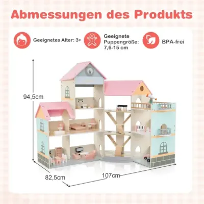 Dřevěný rohový domeček pro panenky s růžovou střechou a 41 kusy nábytku a doplňků Domek pro panenky DIY Dům snů pro panenky