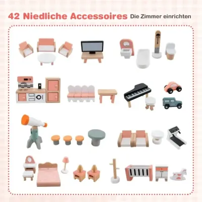 Dřevěný rohový domeček pro panenky s růžovou střechou a 41 kusy nábytku a doplňků Domek pro panenky DIY Dům snů pro panenky
