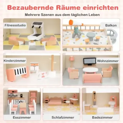 Dřevěný rohový domeček pro panenky s růžovou střechou a 41 kusy nábytku a doplňků Domek pro panenky DIY Dům snů pro panenky