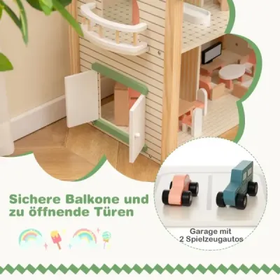 Domek pro panenky se zelenou střechou a 36 doplňky Dřevěná rohová vila hrací souprava Dům snů pro kutily