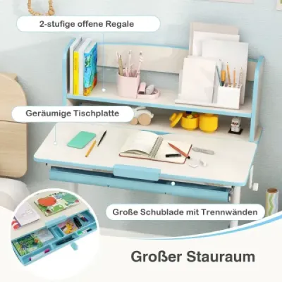 Výškově nastavitelný stůl se sklopnou stolovou deskou & Zásuvka & Police Dětský studijní stůl