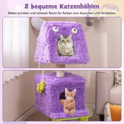 Škrábadlo Malé 111 cm Monster Theme Cat Tree se 2 kočičími jeskyněmi a odnímatelným vrchem fialovým