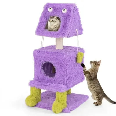 Škrábadlo Malé 111 cm Monster Theme Cat Tree se 2 kočičími jeskyněmi a odnímatelným vrchem fialovým