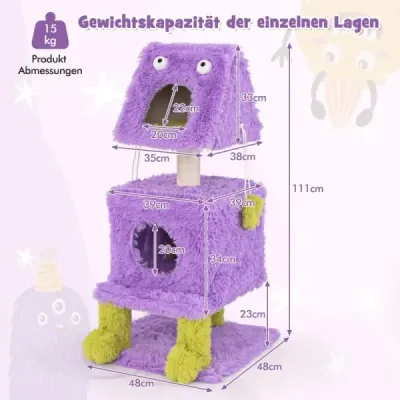Škrábadlo Malé 111 cm Monster Theme Cat Tree se 2 kočičími jeskyněmi a odnímatelným vrchem fialovým